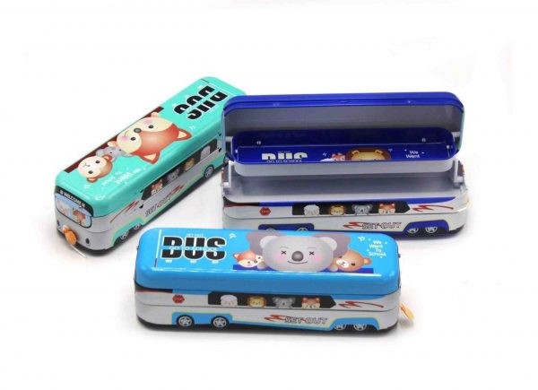 Moving Metal Bus Box with Pullback String Powered Wheels